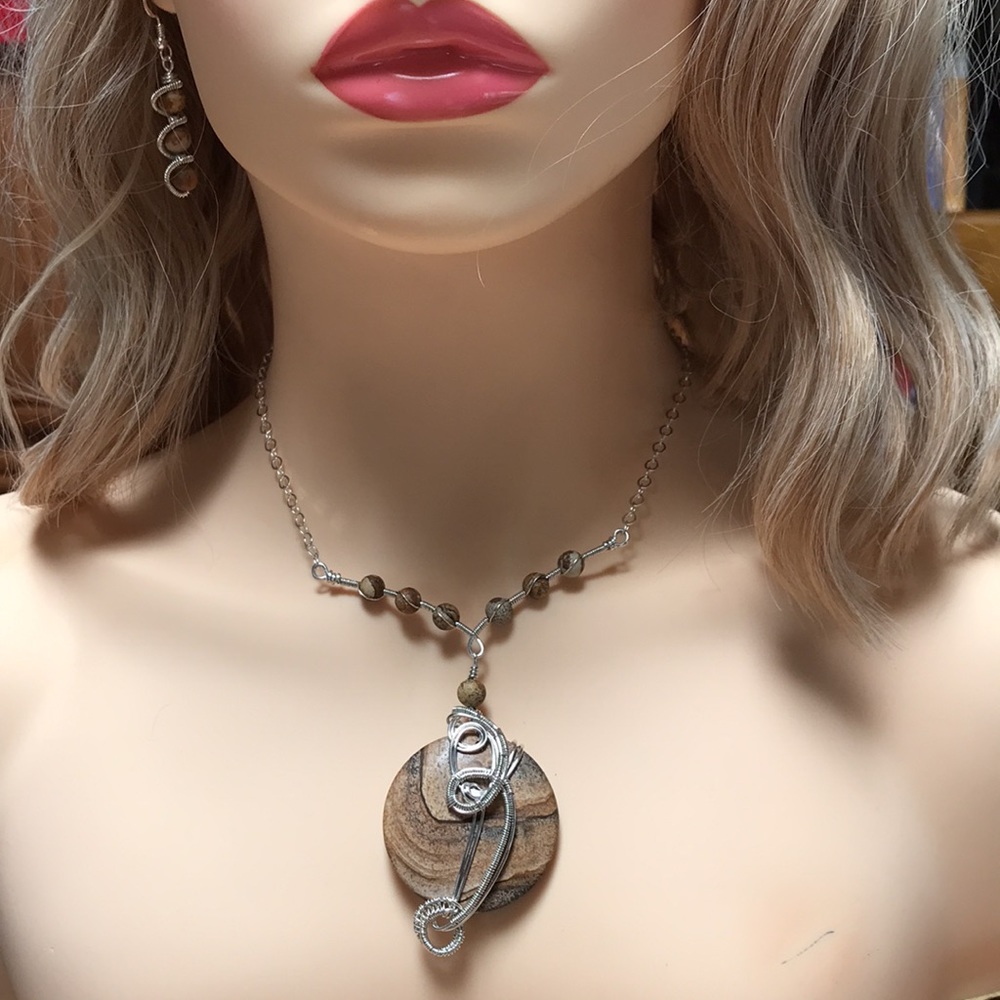 Jewelry Set- Picture Jasper Sterling Silver Necklace and Earring Set- Statement - Picture 4 of 11